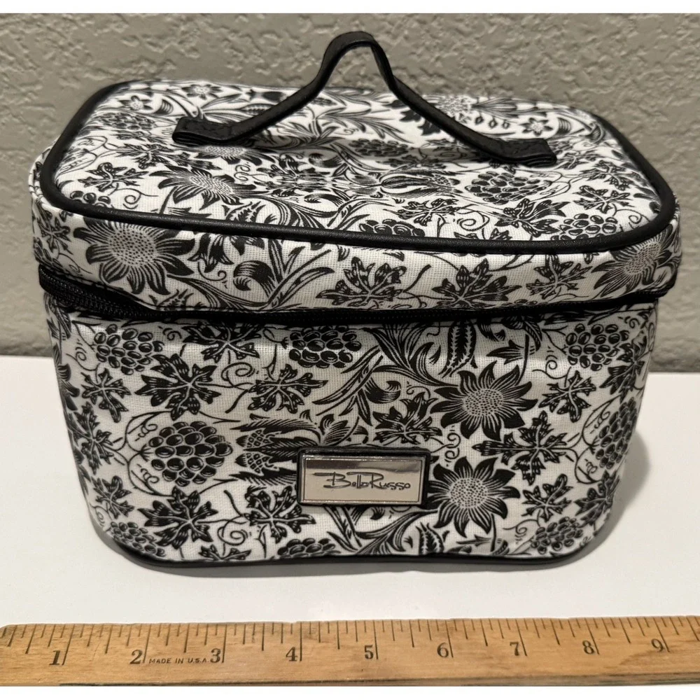 Bella Russo Makeup Bag  Black White Floral Design Zipper Closure Handle Charms
